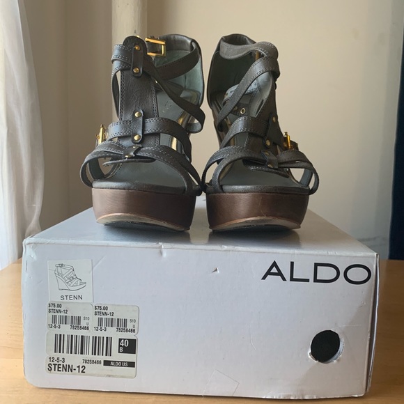 Grey ALDO buckled Wedges with Wood Platform - Picture 3 of 8